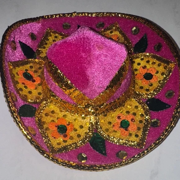 Mini Sombrero Pink and Gold Decorative Hat miniature size Mexico souvenir - Picture 4 of 7